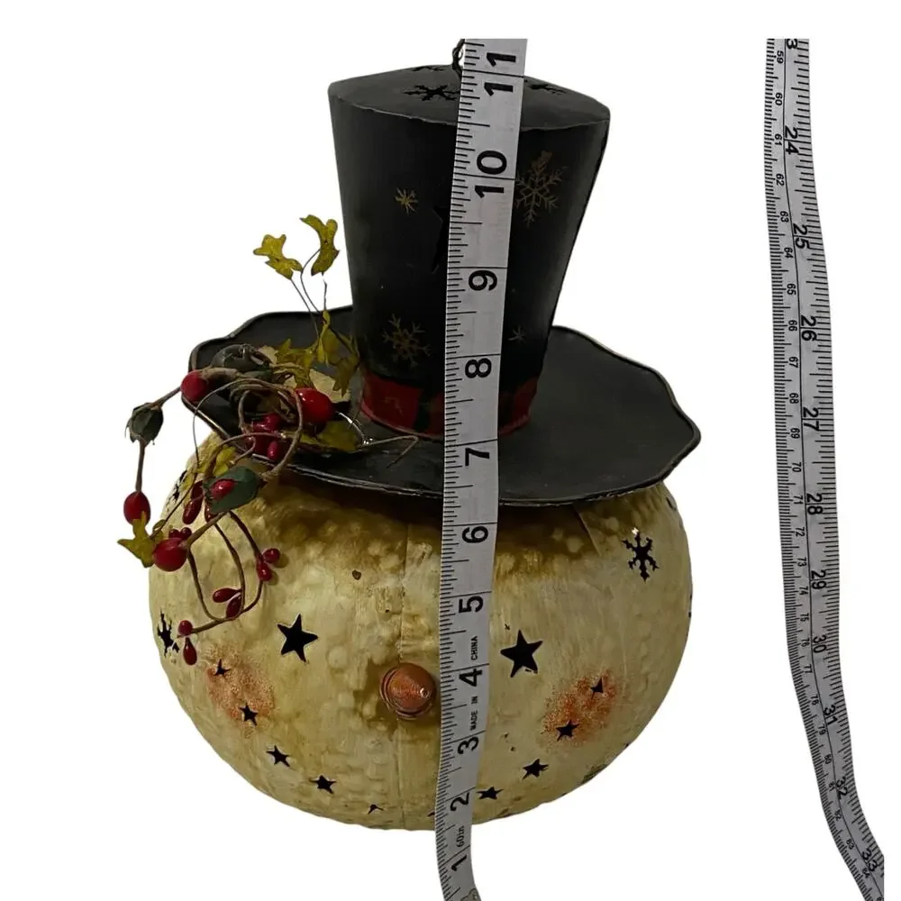 Vintage Lighted Snowman Holiday Christmas Winter Candle Holder Metal Headlamp